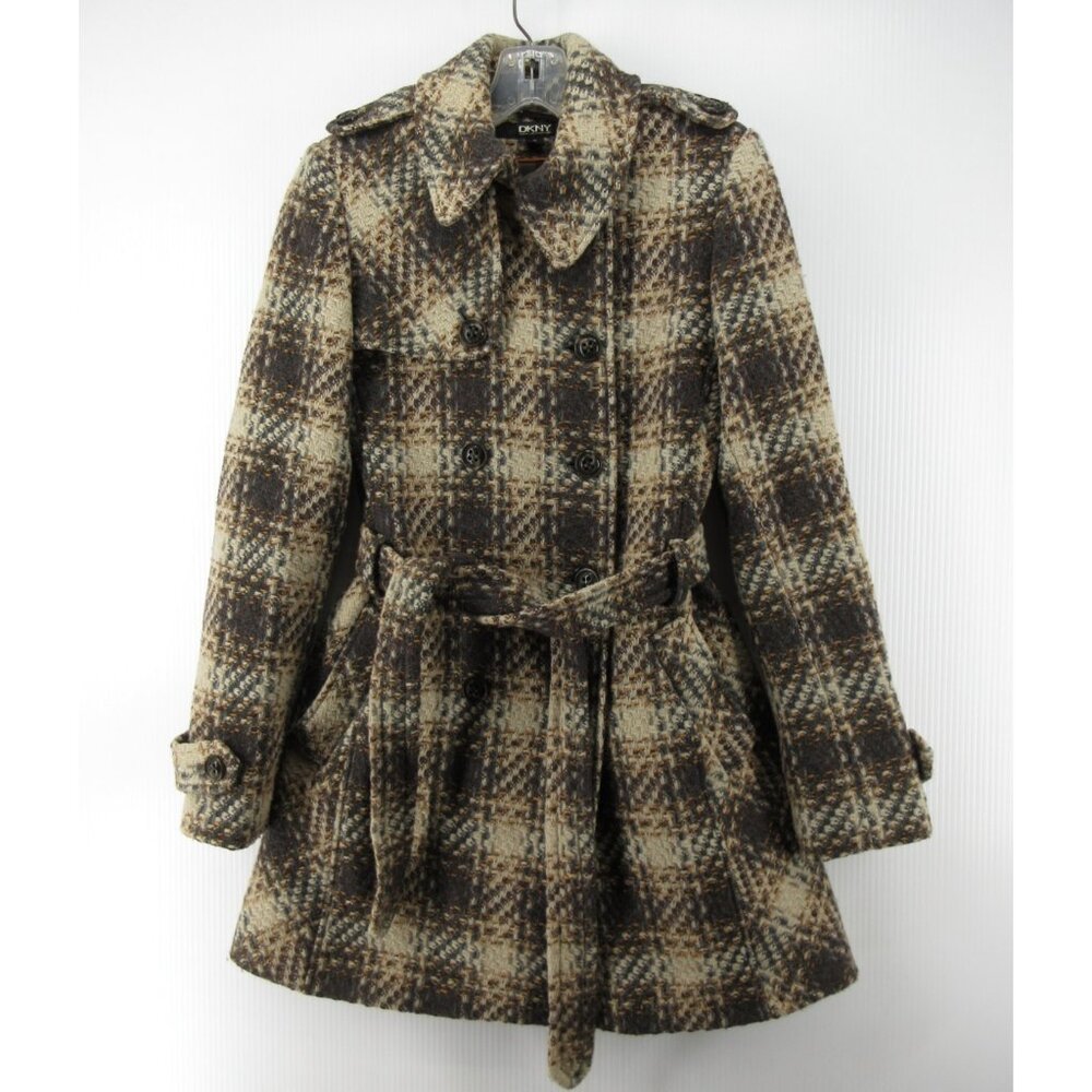 DKNY Jacket 4 Wool Blend Tweed Pea Coat Double Breasted Plaid Belted